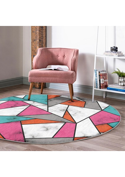 Real Homes Renkli Geometrik Desenli Mermer Motifli Dijital Baskılı Modern Pembe Banyo Yıkanabilir Kaymaz Tabanlı Yuvarlak Halı