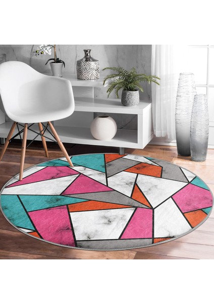 Real Homes Renkli Geometrik Desenli Mermer Motifli Dijital Baskılı Modern Pembe Banyo Yıkanabilir Kaymaz Tabanlı Yuvarlak Halı