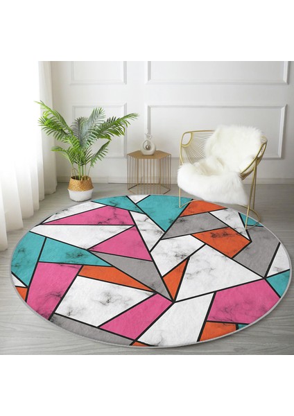 Real Homes Renkli Geometrik Desenli Mermer Motifli Dijital Baskılı Modern Pembe Banyo Yıkanabilir Kaymaz Tabanlı Yuvarlak Halı