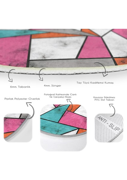Real Homes Renkli Geometrik Desenli Mermer Motifli Dijital Baskılı Modern Pembe Banyo Yıkanabilir Kaymaz Tabanlı Yuvarlak Halı