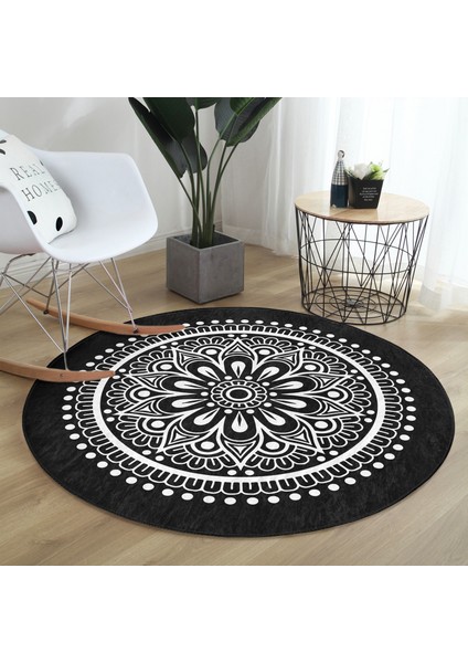 Real Homes Siyah Beyaz Çiçek Desenli Mandala Motifli Salon ve Oturma Odası Yıkanabilir Kaymaz Tabanlı Yuvarlak Halı