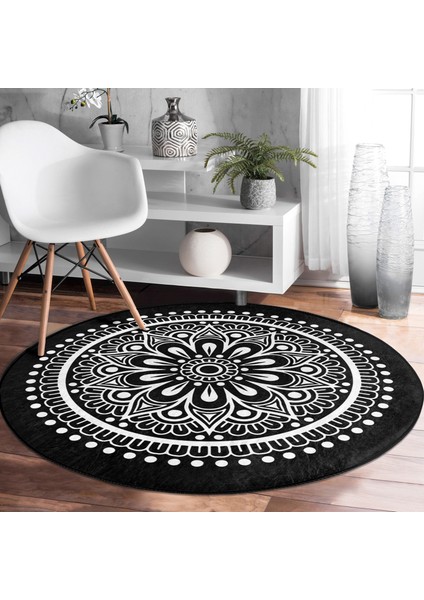 Real Homes Siyah Beyaz Çiçek Desenli Mandala Motifli Salon ve Oturma Odası Yıkanabilir Kaymaz Tabanlı Yuvarlak Halı