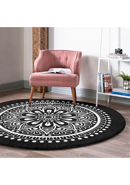 Real Homes Siyah Beyaz Çiçek Desenli Mandala Motifli Salon ve Oturma Odası Yıkanabilir Kaymaz Tabanlı Yuvarlak Halı modelleri