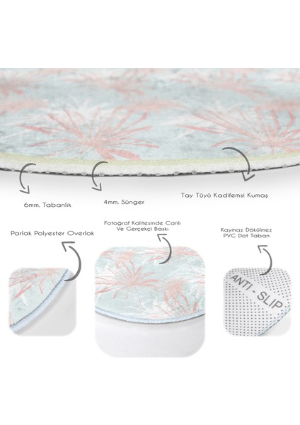 Real Homes Gökyüzü Zeminde Beyaz ve Pembe Yaprak Tasarımlı Renkli Koridor ve Antre Yıkanabilir Kaymaz Tabanlı Yuvarlak Halı