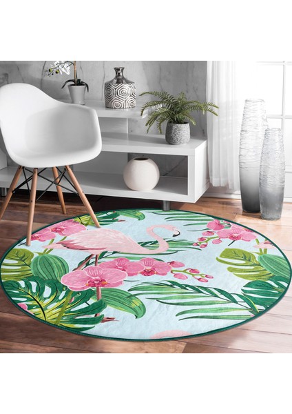 Real Homes Realhomes Renkli Tropik Yaprak Flamingo Motifli Pembe Outdoor Yıkanabilir Kaymaz Tabanlı Yuvarlak Halı