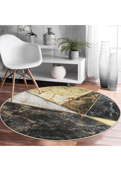 Real Homes Realhomes Geometrik Mermer Tasarımlı Siyah Koridor ve Antre Yıkanabilir Kaymaz Tabanlı Yuvarlak Kadife Halı