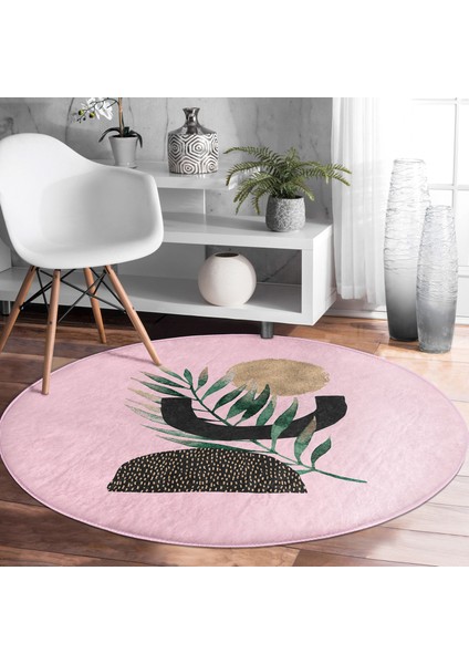 Real Homes Pembe Zeminde Soyut Yaprak Çizimli Salon ve Oturma Odası Yıkanabilir Kaymaz Tabanlı Yuvarlak Halı