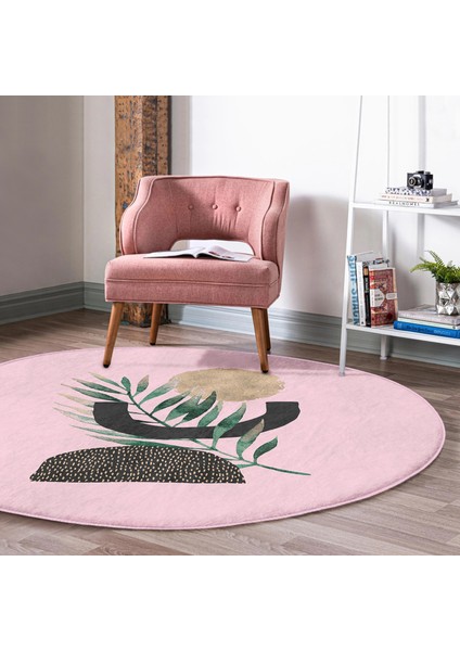 Real Homes Pembe Zeminde Soyut Yaprak Çizimli Salon ve Oturma Odası Yıkanabilir Kaymaz Tabanlı Yuvarlak Halı modelleri