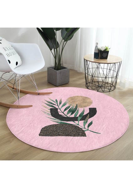 Real Homes Pembe Zeminde Soyut Yaprak Çizimli Salon ve Oturma Odası Yıkanabilir Kaymaz Tabanlı Yuvarlak Halı fırsatları