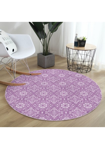 Real Homes Damask Figürlü Özel Tasarım Dijital Baskılı Modern Pembe Salon ve Oturma Odası Yıkanabilir Kaymaz Tabanlı Yuvarlak Halı