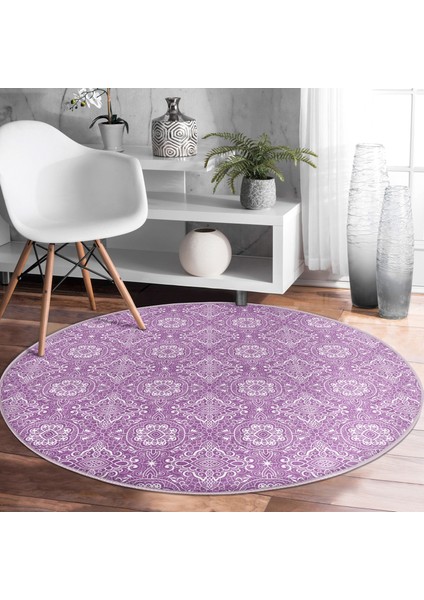 Real Homes Damask Figürlü Özel Tasarım Dijital Baskılı Modern Pembe Salon ve Oturma Odası Yıkanabilir Kaymaz Tabanlı Yuvarlak Halı fiyatları