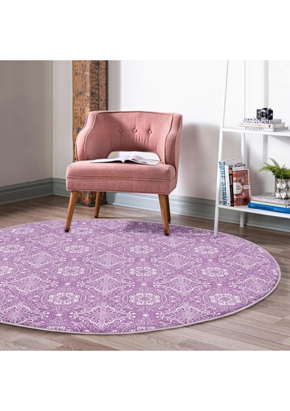 Real Homes Damask Figürlü Özel Tasarım Dijital Baskılı Modern Pembe Salon ve Oturma Odası Yıkanabilir Kaymaz Tabanlı Yuvarlak Halı fırsatları