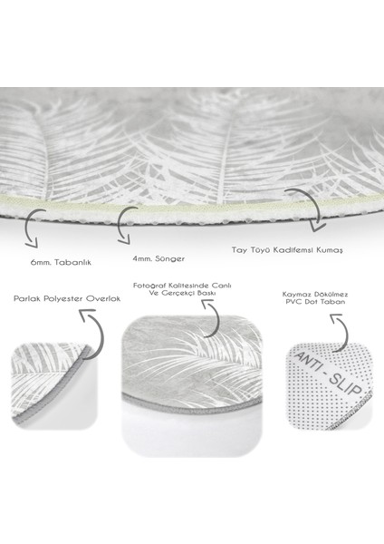 Real Homes Pastel Zeminde Beyaz Yaprak Desenli Dijital Baskılı Modern Gri Salon ve Oturma Odası Yıkanabilir Kaymaz Tabanlı Yuvarlak Halı