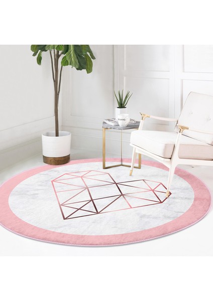 Real Homes Beyaz Zeminde Geometrik Desenli Kalp Motifli Dijital Baskılı Modern Pembe Mutfak Yıkanabilir Kaymaz Tabanlı Yuvarlak Halı