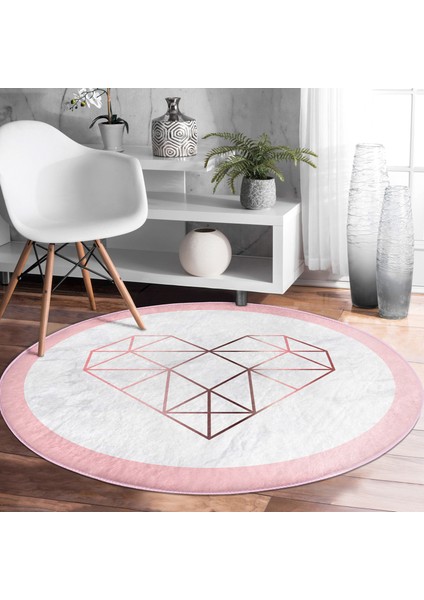 Real Homes Beyaz Zeminde Geometrik Desenli Kalp Motifli Dijital Baskılı Modern Pembe Mutfak Yıkanabilir Kaymaz Tabanlı Yuvarlak Halı modelleri