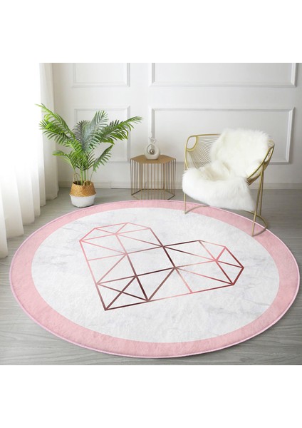 Real Homes Beyaz Zeminde Geometrik Desenli Kalp Motifli Dijital Baskılı Modern Pembe Mutfak Yıkanabilir Kaymaz Tabanlı Yuvarlak Halı fırsatları