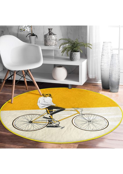 Real Homes Realhomes Sarı Krem Zemin Bisikletli Adam Motifli Gold Banyo Yıkanabilir Kaymaz Tabanlı Yuvarlak Halı