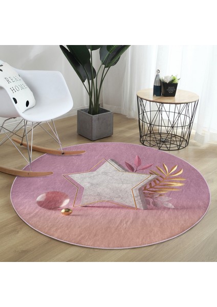 Real Homes Modern Pembe Zeminli 3D Yıldız Desenli Salon ve Oturma Odası Yıkanabilir Kaymaz Tabanlı Yuvarlak Halı fiyatları