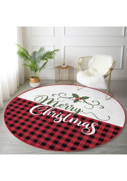 Real Homes Realhomes Mery Christmas Temalı Ekose Tasarımlı Modern Bordo Outdoor Yıkanabilir Kaymaz Tabanlı Yuvarlak Halı