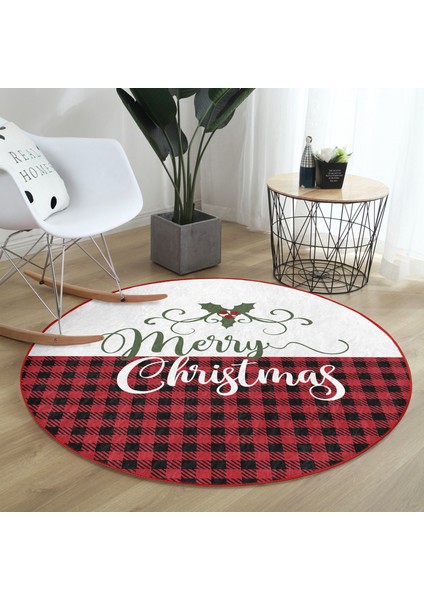 Real Homes Realhomes Mery Christmas Temalı Ekose Tasarımlı Modern Bordo Outdoor Yıkanabilir Kaymaz Tabanlı Yuvarlak Halı modelleri