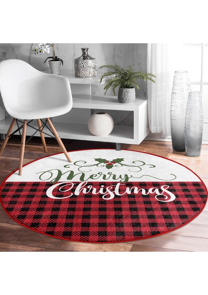 Real Homes Realhomes Mery Christmas Temalı Ekose Tasarımlı Modern Bordo Outdoor Yıkanabilir Kaymaz Tabanlı Yuvarlak Halı fırsatları