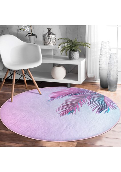 Real Homes Toz Mavisi Zeminli Tropik Yapraklı Özel Tasarım Modern Pembe Salon ve Oturma Odası Yıkanabilir Kaymaz Tabanlı Yuvarlak Halı
