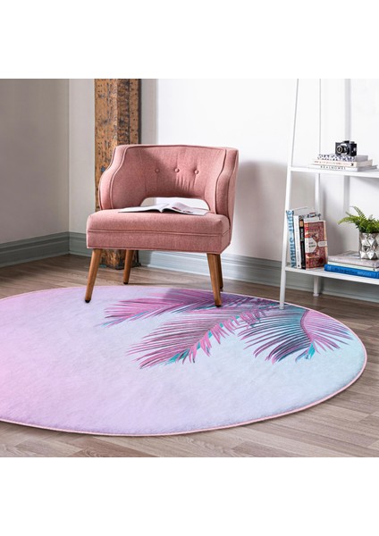 Real Homes Toz Mavisi Zeminli Tropik Yapraklı Özel Tasarım Modern Pembe Salon ve Oturma Odası Yıkanabilir Kaymaz Tabanlı Yuvarlak Halı modelleri