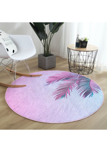 Real Homes Toz Mavisi Zeminli Tropik Yapraklı Özel Tasarım Modern Pembe Salon ve Oturma Odası Yıkanabilir Kaymaz Tabanlı Yuvarlak Halı fırsatları