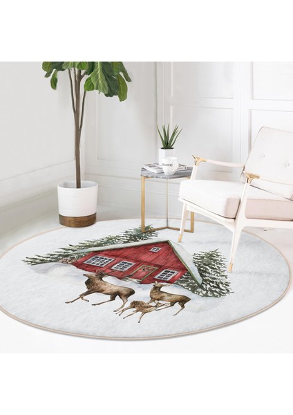 Real Homes Kış Temalı Geyik ve Bağ Evi Motifli Dijital Baskılı Modern Bordo Salon Oturma Odası Yıkanabilir Kaymaz Tabanlı Yuvarlak Halı fırsatları