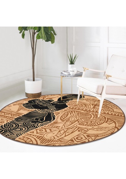 Real Homes Etnik Desen Zeminli Afrika Kadın Motifli Kahverengi Outdoor Yıkanabilir Kaymaz Tabanlı Yuvarlak Halı