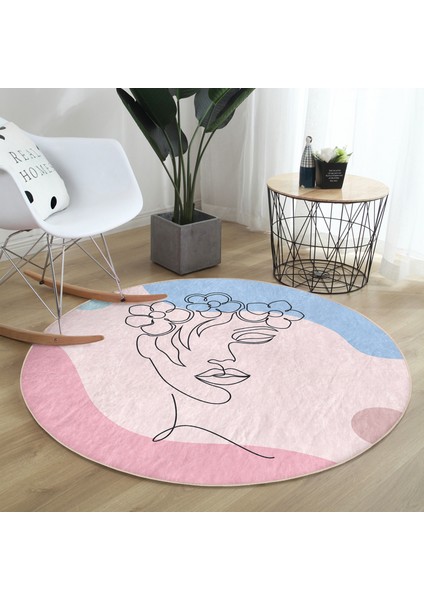 Real Homes Soft Zemin Onedraw Kadın Silüetli Pembe Salon ve Oturma Odası Yıkanabilir Kaymaz Tabanlı Yuvarlak Halı modelleri