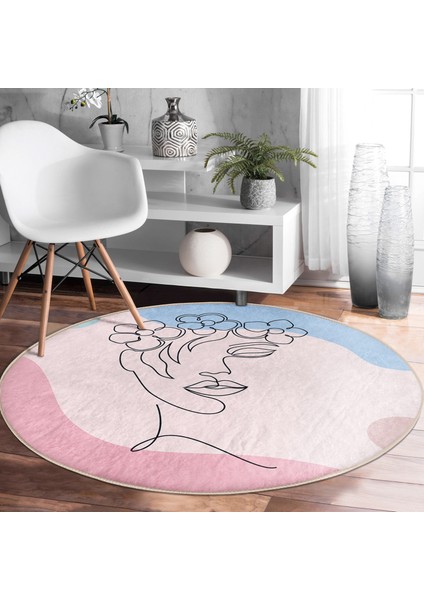 Real Homes Soft Zemin Onedraw Kadın Silüetli Pembe Salon ve Oturma Odası Yıkanabilir Kaymaz Tabanlı Yuvarlak Halı fırsatları