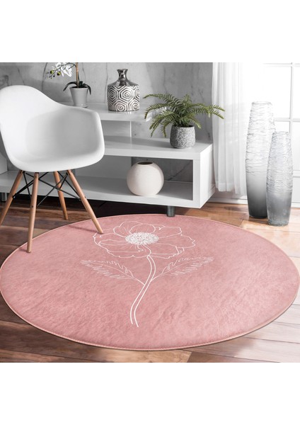 Real Homes Pastel Zeminde Beyaz Çiçek Desenli Dijital Baskılı Modern Turuncu Salon ve Oturma Odası Yıkanabilir Kaymaz Tabanlı Yuvarlak Halı