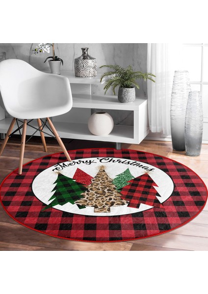 Real Homes Kırmızı Ekose Mery Christmas Özel Tasarım Modern Bordo Outdoor Yıkanabilir Kaymaz Tabanlı Yuvarlak Halı