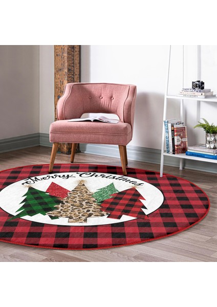 Real Homes Kırmızı Ekose Mery Christmas Özel Tasarım Modern Bordo Outdoor Yıkanabilir Kaymaz Tabanlı Yuvarlak Halı modelleri