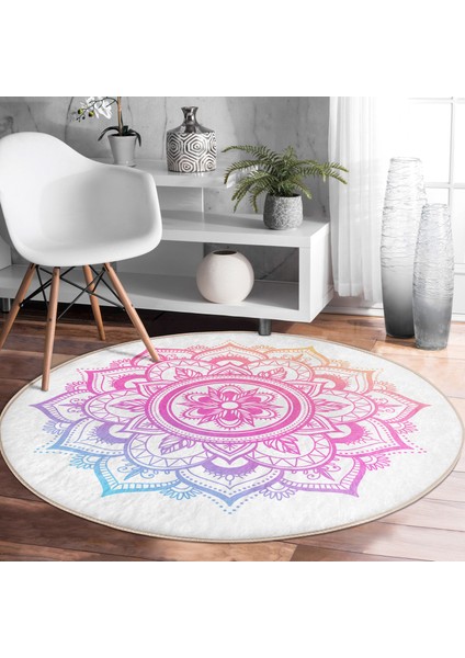 Real Homes Beyaz Zeminde Pembe Mavi Mandala Desenli Özel Tasarım Salon ve Oturma Odası Yıkanabilir Kaymaz Tabanlı Yuvarlak Halı modelleri