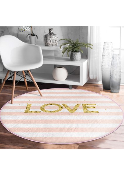 Real Homes Beyaz Zeminde Renkli Çizgili Gold Detaylı Love Yazılı Dijital Baskılı Modern Pembe Yatak Odası Kaymaz Tabanlı Yuvarlak Halı