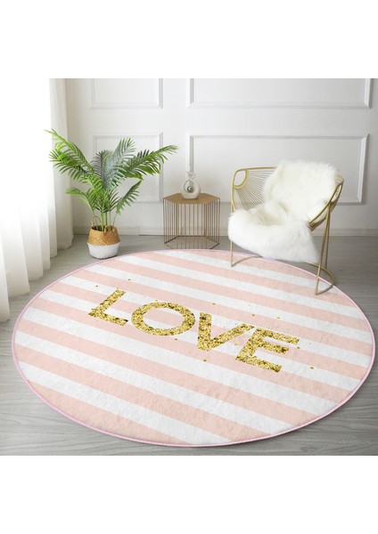Real Homes Beyaz Zeminde Renkli Çizgili Gold Detaylı Love Yazılı Dijital Baskılı Modern Pembe Yatak Odası Kaymaz Tabanlı Yuvarlak Halı fiyatları
