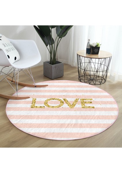 Real Homes Beyaz Zeminde Renkli Çizgili Gold Detaylı Love Yazılı Dijital Baskılı Modern Pembe Yatak Odası Kaymaz Tabanlı Yuvarlak Halı fırsatları