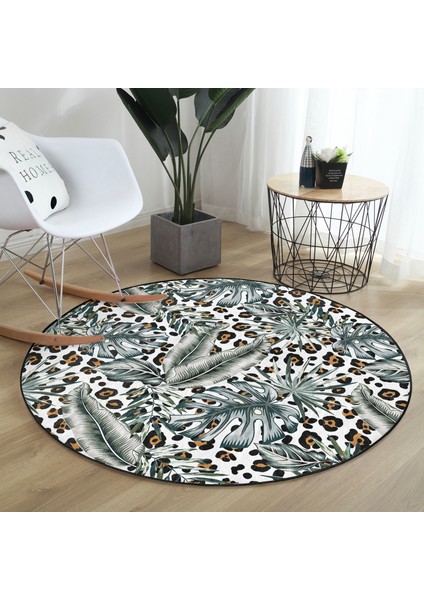 Real Homes Leopar Zeminde Gümüş Tropik Yapraklar Dijital Baskılı Renkli Outdoor Yıkanabilir Kaymaz Tabanlı Yuvarlak Halı fiyatları