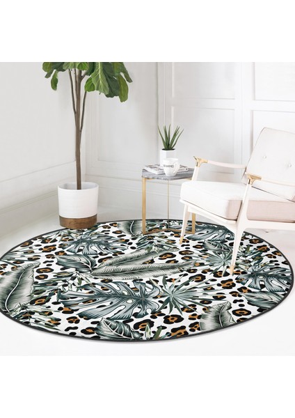 Real Homes Leopar Zeminde Gümüş Tropik Yapraklar Dijital Baskılı Renkli Outdoor Yıkanabilir Kaymaz Tabanlı Yuvarlak Halı fırsatları