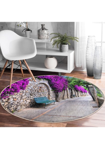 Real Homes Mor Sarmaşık Desenli Dijital Baskılı Pembe Salon ve Oturma Odası Yıkanabilir Kaymaz Tabanlı Yuvarlak Halı fiyatları