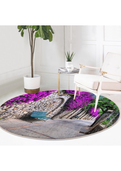 Real Homes Mor Sarmaşık Desenli Dijital Baskılı Pembe Salon ve Oturma Odası Yıkanabilir Kaymaz Tabanlı Yuvarlak Halı modelleri