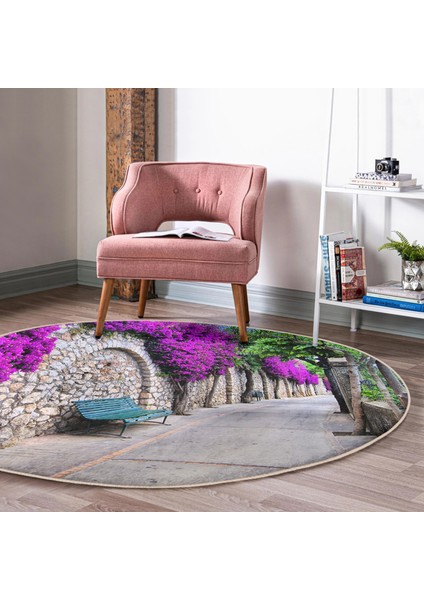 Real Homes Mor Sarmaşık Desenli Dijital Baskılı Pembe Salon ve Oturma Odası Yıkanabilir Kaymaz Tabanlı Yuvarlak Halı fırsatları