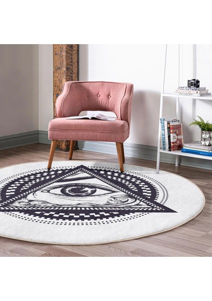 Real Homes Beyaz Zeminde Lacivert Üçüncü Göz Dijital Baskılı Salon ve Oturma Odası Yıkanabilir Kaymaz Tabanlı Yuvarlak Halı fiyatları