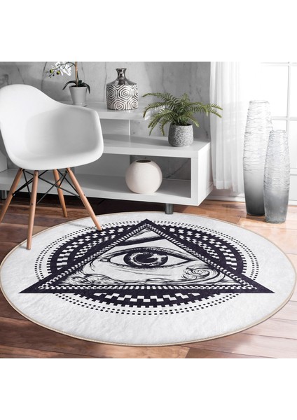 Real Homes Beyaz Zeminde Lacivert Üçüncü Göz Dijital Baskılı Salon ve Oturma Odası Yıkanabilir Kaymaz Tabanlı Yuvarlak Halı modelleri