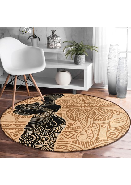 Real Homes Etnik Desen Zeminli Afrika Kadın Motifli Kahverengi Outdoor Yıkanabilir Kaymaz Tabanlı Yuvarlak Halı modelleri
