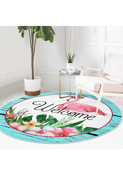 Real Homes Realhomes Tropik Yaprak Motifli Flamingo Tasarımlı Turkuaz Outdoor Yıkanabilir Kaymaz Tabanlı Yuvarlak Halı modelleri