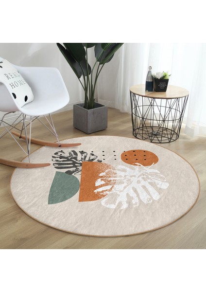 Real Homes Pastel Zeminli Yaprak Desenli Dijital Baskılı Modern Renkli Salon ve Oturma Odası Yıkanabilir Kaymaz Tabanlı Yuvarlak Halı