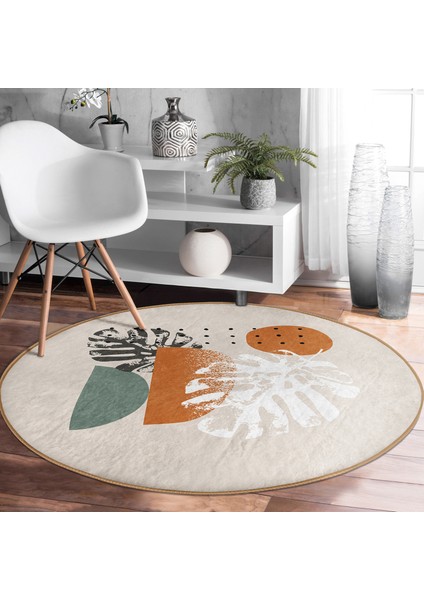 Real Homes Pastel Zeminli Yaprak Desenli Dijital Baskılı Modern Renkli Salon ve Oturma Odası Yıkanabilir Kaymaz Tabanlı Yuvarlak Halı fiyatları